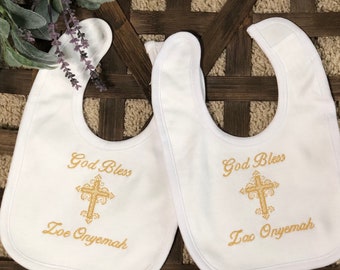 Baptism Bib with Gold Personalized Name, Embroidery Christening Bib, Baby's Blessed Day Bib with Cross, Blessing Ceremony