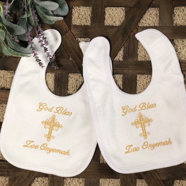 Baptism Bib with Gold Personalized Name, Embroidery Christening Bib, Baby's Blessed Day