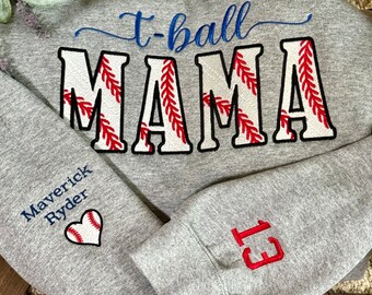 T-Ball Mama Sweatshirt, Gift for Mom Embroidery T-Shirt, Personalized Sports Mama Crewneck and Hoodie