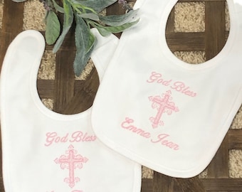 Personalized Baby Girl Christening Bib: Pink Embroidered Name, White Cotton