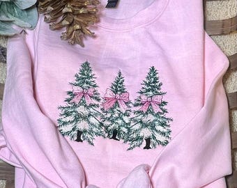 Pink Christmas Crewneck: Embroidered Trees with Pink Bows