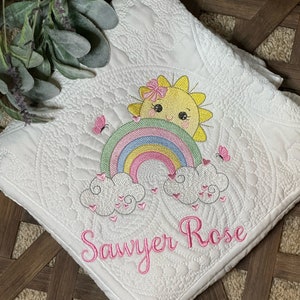 Rainbow Sunshine Crib Quilt, Personalized Baby Blanket, Embroidery Nursery Gift, Custom Birth Announcement, Rainbow Nursery Theme
