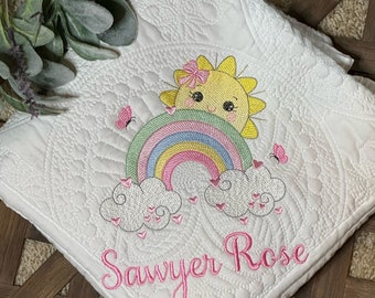 Rainbow Sunshine Crib Quilt, Personalized Baby Blanket, Embroidery Nursery Gift, Custom Birth Announcement, Rainbow Nursery Theme