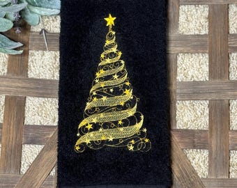 Magical Christmas Embroidered Hand Towel with Gold Stars and Swirls Christmas Tree on Terrycloth Towel | Embroidered Christmas Towel