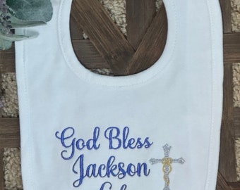Baptism Bib with Personalized Name and Silver and Gold modern cross , Embroidery Christening Bib, Baby's Blessed Day