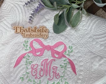 Personalized Heirloom Baby Quilt: Monogrammed Nursery Decor, Hot Pink Bow