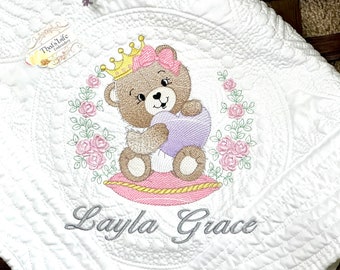 Princess Teddy Bear Quilt, Personalized Baby Blanket, Embroidery Nursery Gift, Custom Birth Stats, monogrammed baby name