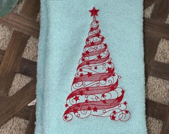 Christmas Towel Embroidered with Tree Stars and Magical Swirls on Terrycloth Towel | Embroidered Washed Aqua Towel