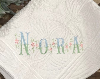 Personalized Gift for Baby, Heirloom Quilt for New Born, Blanket with Name and Monogrammed Bib,  Nursery Blanket and Matching Bib