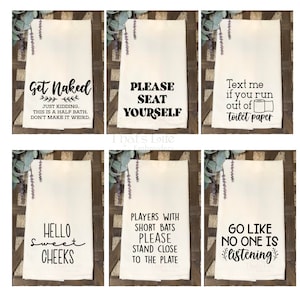 Funny Guest Bathroom Towel, Half Bath Humor, Bathroom Decor, Natural Hand Towel, Unbleached Grain Sack tea towel, Funny Bathroom Sayings