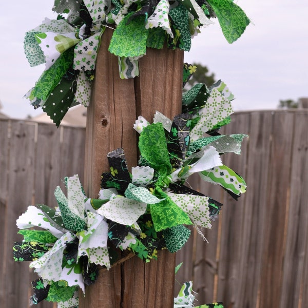 SALE READY to SHIP St. Patty's Day Rag Tied Garland, Irish Garland, Hand tied Green Shamrock Fabric Garland, St. Paddy's Day Bar Decor