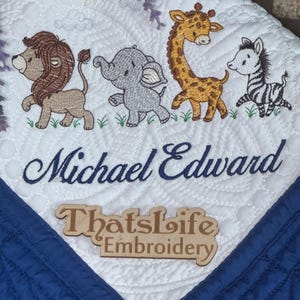 Baby Safari Aninmals Crib Quilt, Personalized Blanket, Embroidery Jungle Nursery Gift, Custom Birth Announcement