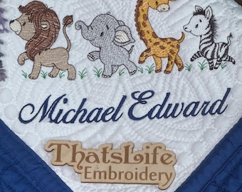 Baby Safari Animals Crib Quilt, Personalized Blanket, Embroidery Jungle Nursery Gift, Custom Birth Announcement
