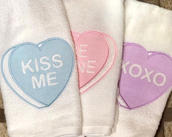 Love infused Valentine's Day Embroidered Hand Towel, Cotton Towel, Valentine Conversation Hearts, Kitchen/Bath Decor