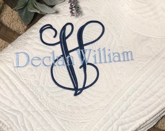 Monogrammed Blanket Gift for New Born, Heirloom Quilt with Initial and name, Personalized Nursery Blanket