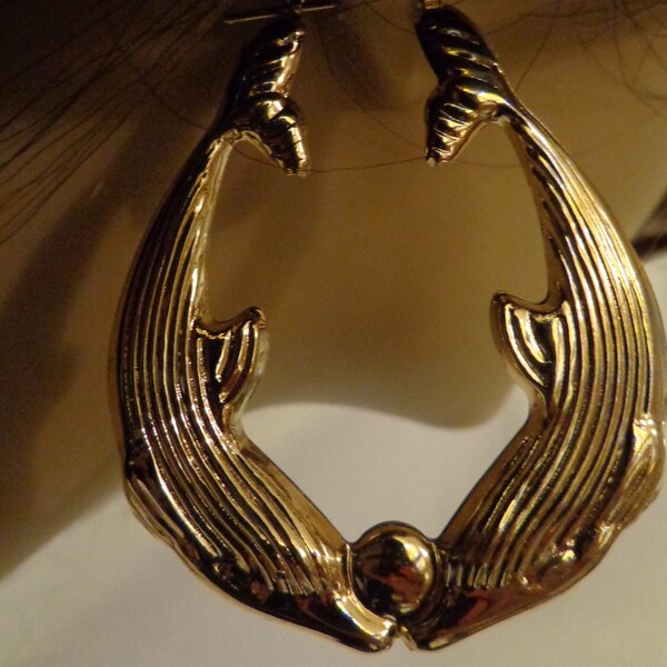 VINTAGE DOLPHIN HOOP earrings Gold Tone Hoop Earrings dolphin kissing 2 inch wide 2.5 in long