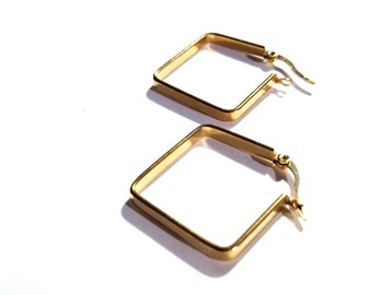 Square Hoop Earrings Gold tone Stainless Steel 1.5 inch Hoops