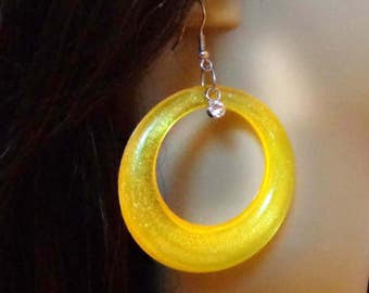 VINTAGE Earrings Yellow Lucite Earrings Donut Tube Hoop Earrings 3 inch long 2 inch wide Retro Earrings