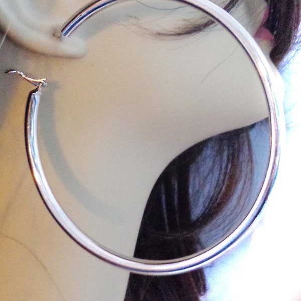 Large Hoop Earrings SILVER Plated Round Hoop Earrings Thick Cast Tube Hoop 4 inch Hoops