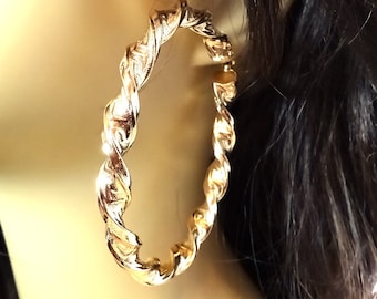 Large Hoop Earrings Thick Twisted Brass Gold Plated Hoops 3 inch