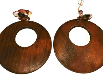 Plastic brown vintage costume jewelry 70s Moon half circle non pierced earrings Boho clip on earrings
