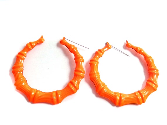 VINTAGE Earrings BAMBOO HOOP Earrings 3.5 Inch Hoops Bright Neon