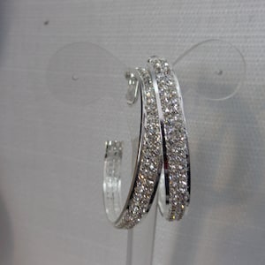 CLIP-ON Hoop Earrings Silver tone Crystal Rhinestone Double Lined Hoop Earrings 2 inch Hoop Rhodium Plated