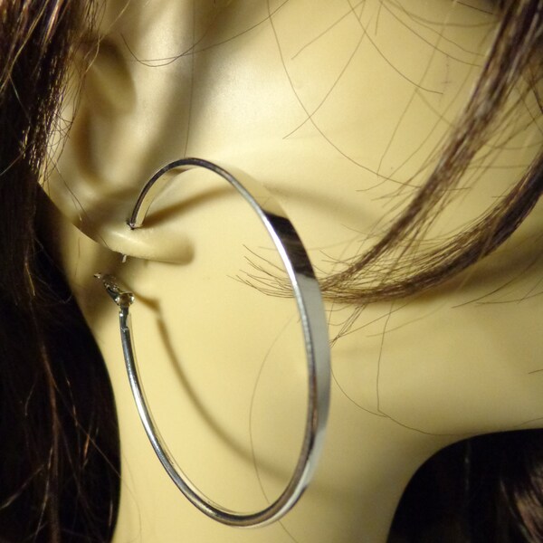 Flat Front Hoop Earrings thick cast Silver Tone Hoop Earrings 2.5 Inch