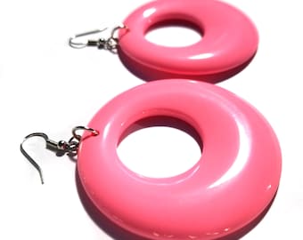 Open Hoop Earrings PINK Hoop Earrings 2.75 inch L Pink Earrings Retro Pink Donut Hoops