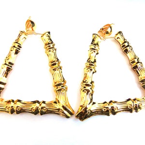 Clip-on Earrings Retro Triangle Bamboo Earrings Gold Tone 3.5 inch Hoop Earrings