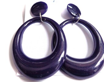 VINTAGE Earrings Retro Dark Purple Earrings Large Hoops 3.5 inch long and 2 inch wide Pierced