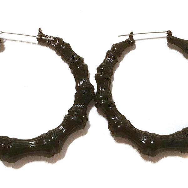 Medium Hoop 2.5 inch Hoop Earrings Black Bamboo Hoop Earrings Full Bamboo Hoops