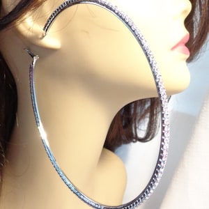 Clip-on Earrings Silver Tone Rhinestone Hoop Earrings 4 Inch Crystal Hoop Earrings