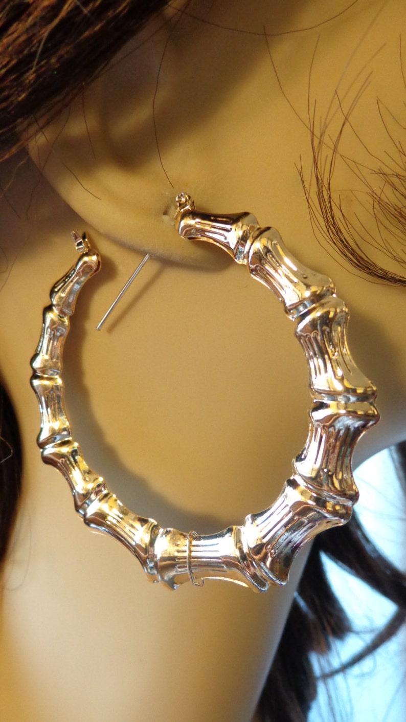 VINTAGE 80's BAMBOO HOOP Earrings Gold or Silver Tone Hoop Etsy