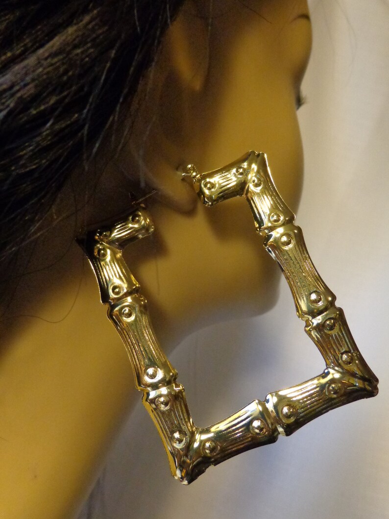 VINTAGE BAMBOO HOOP Earrings Rectangle Hoop Gold Tone Bamboo Etsy