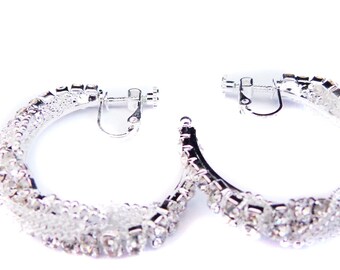 CLIP-ON Earrings Twisted Crystal Hoop Earrings Silver tone 1.75 inch Hoop Earrings