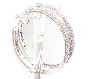 CLIP-ON Earrings Silver or Gold tone Crystal Rhinestone Double Paved Hoop Earrings 3.5 inch Round Hoops