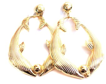 CLIP-ON Earrings Dolphin Hoops Plated Gold Tone Hoop Earrings Kissing Dolphins Large