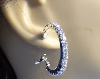 Rhodium Plated Crystal Rhinestone Hoop Earrings 1 inch Hoops Crystal Hoop Earrings Single Row Hoops