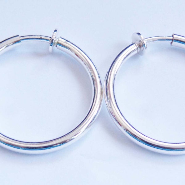 Clip-on Earrings Clip Hoop Earrings Silver tone Hypo-Allergenic 1 inch  Earrings Pipe Hoops