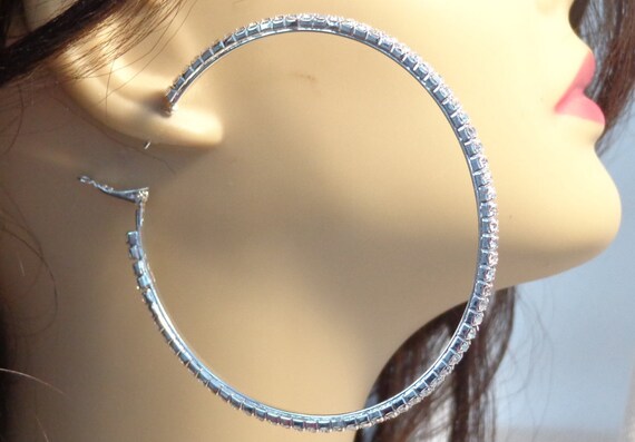 Wholesale LARGE CRYSTAL HOOP Earrings Silver Tone 3 Inch Hoop
