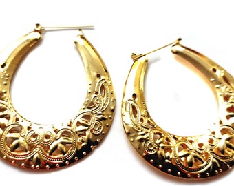 LARGE 3 inch Hoop Earrings GOLD Tone Hoops Filigree Gold tone Hoop Earrings