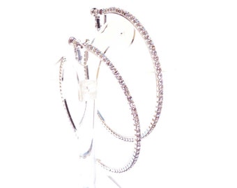 Clip-on Hoop Earrings Rhodium Silver Plated Crystal Rhinestone Paved Thin Hoop Earrings ASSORTED SIZES