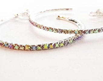 CLIP-ON Earrings Rhinestone AB Iridescent Crystal Hoop Earrings Silver tone 2 inch Hoop Earrings