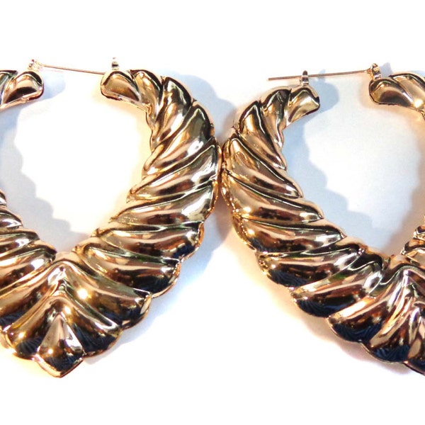 THICK PUFFY Hoop Earrings Scallop Hoop Gold Tone Heart Earrings 2.5 inch