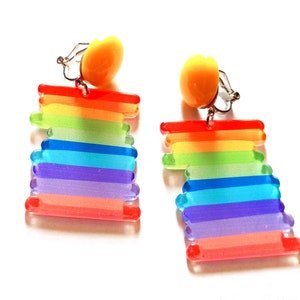 Clip-on Earrings Rainbow Colorful Dangle Earrings 2.25 inch Long and 2 inch Wide Lucite Clips