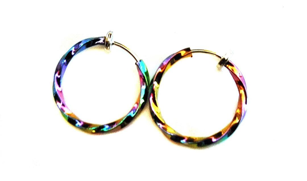 SMALL Clipon Earrings Steel Clip Hoop Earrings Multi Rainbow Color
