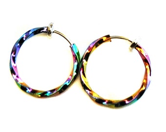 SMALL Clip-on Earrings Steel Clip Hoop Earrings Multi Rainbow Color Hoops Twisted 0.75 inch