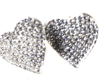 CLIP-ON EARRINGS Crystal Rhinestone Heart Earrings 1 inch Gold or Silver Tone Paved Earrings