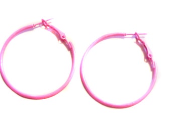 Bubble Gum Pink Hoop Earrings Classic Thin Hoop Earrings 1.5 inch Hoop Earrings